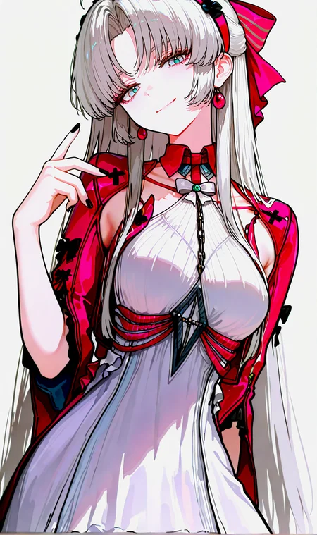 (masterpiece, best quality, very awa, newest, very aesthetic, highres, absurdres:1.2), simple background, white background, <lora:748cmXLillokrV5311P:0.5>,  <lora:ç¦è¶forill:0.4> BREAK
1girl, solo,<lora:carlotta (wuthering waves)_nb11-xl:0.5> carlotta \(wuthering waves\), carlotta, pink jacket, white bow, parted bangs, white hair,white dress,black bow,two-tone bow,medium breasts,sidelocks,hairband,collarbone, head tilt, black nails,
looking at viewer, smile, closed mouth, standing, hand up, cowboy shot,  <lora:carlotta-wwIL-v1a:0.5> pink hair bow, blue eyes, BREAK 
<lora:spo_sdxl_10ep_4k-data_lora_webui:0.85>, , <lora:add-detail-xl:0.3> ,<lora:illustrious_noobai_epsilon_pred_1_best_quality_v1:0.75>, 
<lora:ponyv6_noobE11_2_adamW:0.5>, <lora:HandFixer_pdxl_Incrs_v1:0.5>, handfixer,