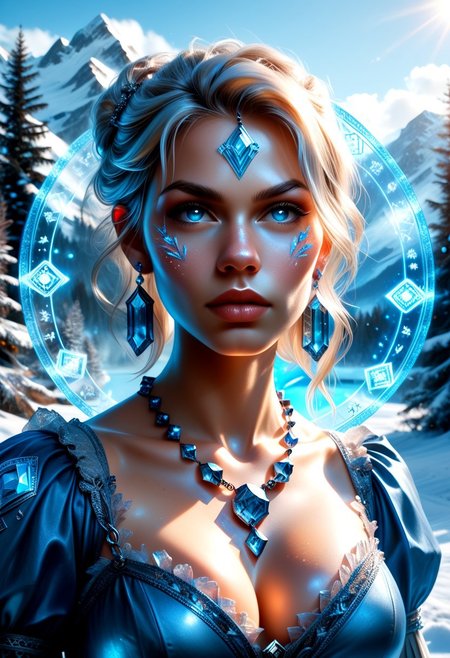zPDXL2:2, zPDXLrl:2, Expressiveh, ral-crystalz, uncensored, masterpiece, hyper detailed, best quality, dramatic lighting, crisp image, clear image, ultra-high details, ultra realistic, vivid colors, vibrant colors, high detail, detailed face, photography, cinematic, cinematic lighting:2, 1girl, solo, long platinum blonde hair, blue eyes, diamond ear rings, dress made of crystals, crystal necklace, cleavage, large breasts, evil expression, (blue Glowing Runes on skin, blue Glowing Rune Circle, blue magic circle),  closeup, body portrait, mountains, snow, trees, blizzard, fantasy,