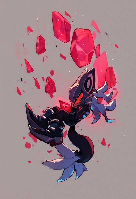 score_9, score_8_up, score_7_up, score_6_up, Infinite the jackal, tail, male, solo, mask, ruby in chest, gloves, boots, floating, multiple floating  glowing cubes, neon trim, simple gray background. red aura