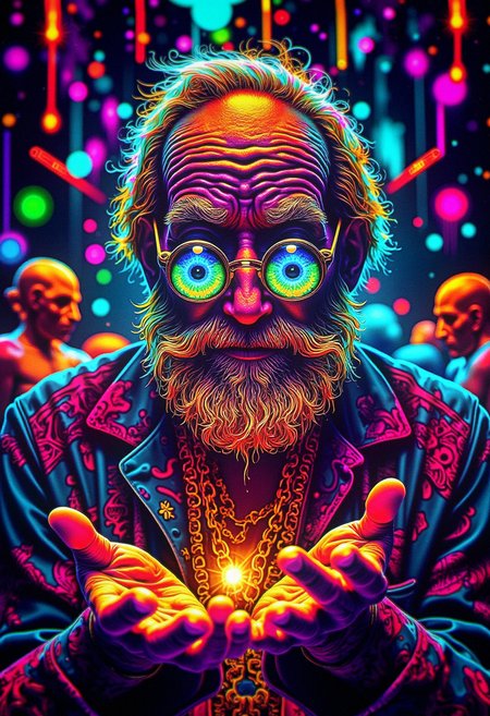 a lettering on top with Text:"Psychedelic Surrealism". an old man with open hands, wearing cybernetics glasses, in a colorful Goa world, bo-psychedelic, psychedelic surrealism. , Lomochrome color film, <lora:Flux\boFLUX Psychedelic Surrealism v1.safetensors:1.0:1.0>