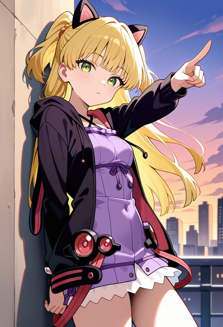 masterpiece, best quality, amazing quality, very aesthetic, absurdres, highres, newest, source_anime,  (embedding:zPDXLxxx:1), Perfect Hands (girl:1.2), (little:1.2), Jougasaki_Rika, 1girl,solo,blonde_hair,(long_hair:1.3),two-side_up,green_eyes,1girl, solo, breasts,large breasts, pointing at viewer, <lora:yukariXL_LoRA-C3Lier_AdamW_Dim16_Alpha16_UN-3e-4_TE-1.5e-4_10batch_ponyDiffusionV6XL_v6StartWithThisOne:1>, yuzuki yukari, criss-cross halter, purple dress, black jacket, hooded jacket, long sleeves, animal ear hood, city, against wall, gradient sky, sunset, cloud