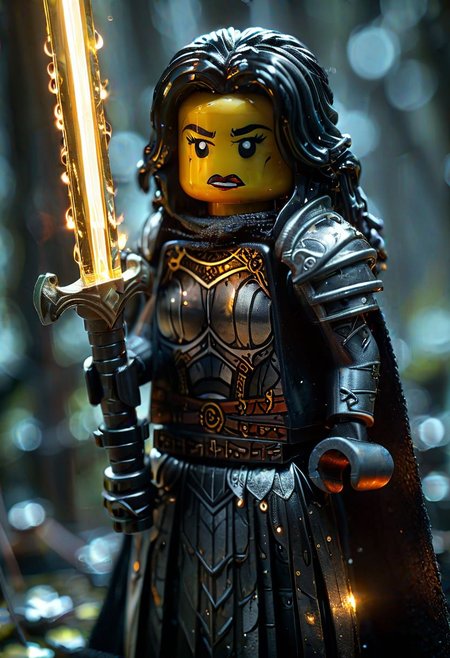 Close up shot of a female busty black Lego warrior, wearing torned linen clothes and a shiny armor beneath, wielding a glowing magic staff in darkness, staff with veil of light, swamp background, Lknight, HD, masterpiece, best quality, hyper detailed, ultra detailed, super realistic