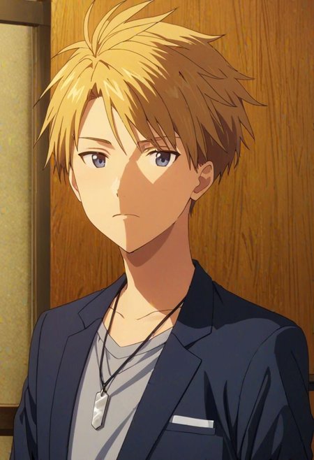 Yamato Ishida, masterpiece, best quality, 1boy, solo, male focus, High definition, Blonde hair, 4K, school, uniform school, Necklace
