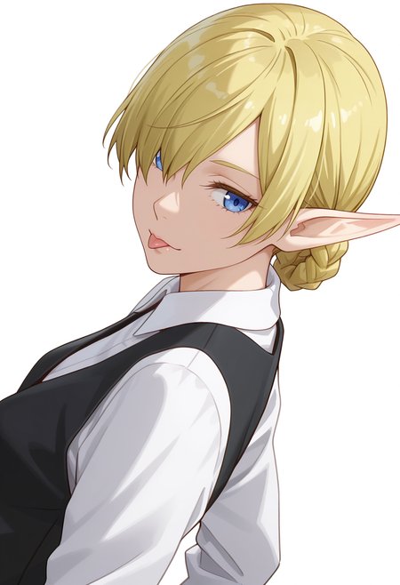Smooth Quality,masterpiece,very intricate, high quality details, ultra realistic, high detailed skin,detailed enviorement,absurdres, 
simple background, white background, 
dutch angle,dancing,
:p,
 <lora:Kagali_cnn:0.8> 1girl, blonde hair, blue eyes, pointy ears, elf,short hair, braid, hair over one eye,suit, white shirt,