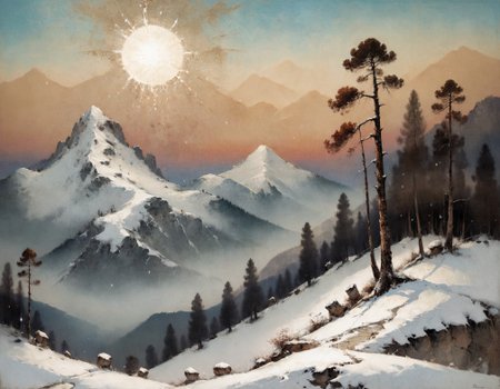 masterpiece, best quality, ultra-detailed,  elegant, snowy landscape, mountains, pine trees, distant, dusk,  <lora:add-detail-xl:0.7> <lora:xl_more_art-full_v1:0.7>  <lora:sdxl/nicola_samori_dark_art_style:0.7> in the style of Nicola Samori