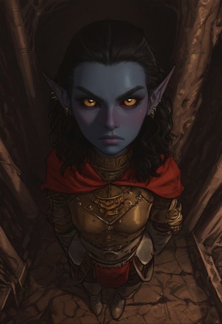 safe_pos, solo, short pointy ears, piercings, nord woman, random elf face, aquiline features, dark elf, weathered skin, large nose, animated realism, Syrian features, torso, subterranean, glowing mushrooms, mushroom forest, cave enviroment, large cavern, gloomy lighting, ancient ruins, interior, dark soil floor ,grey-blue skin, scarlet and gold clothes, medium armor, bone plate armor, ivory straps and fittings, grey wood neckguard, dark red sclera, black pupils, distant mushroom forest, blue-green light, neon, highly detailed, defined features, looking at viewer, three quarters view, from above, dynamic lighting, 36 years old, light and shadows, patterned cloth, determined expression, expressive eyes, detailed medieval clothes, medium_breasts, medium hair, wavy hair, thick hair, beaded hair, braided hair, under cut hair, semirealistic, alien elf, spanish features, jewish features, black hair, dark red hair, umber skin, sharp features, red persian print cloak, nighttime, high detail, absurdres, pretty eyes, detailed eyes, yellow eyes,
