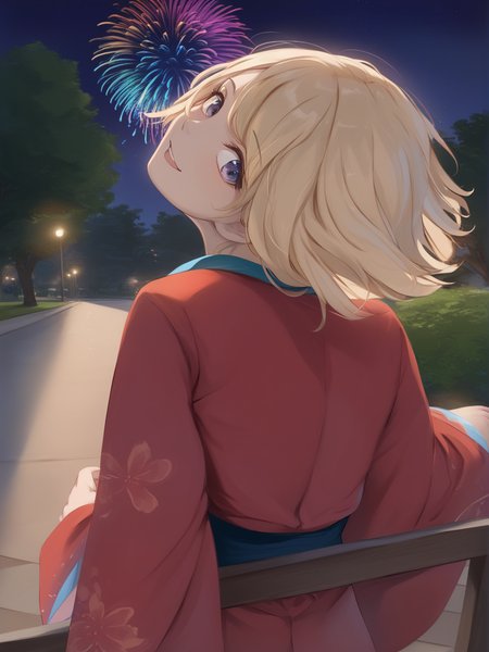 score_9, score_8_up, score_7_up, best quality, masterpiece, 4k, uncensored, perfect lighting, very aesthetic, anime BREAK,
1girl, (shaft head tilt), <lora:shaft_head_tilt-PD-1.0:1>,
blonde hair, bob cut, mirai_hikari, park bench, red kimono, night, fireworks, happy, looking back, leaning back