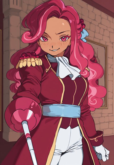 whoopsatr,  anime, masterpiece, best quality, detailed background, 8k, 1girl, solo, raspberry cookie, tan skin, pink hair, long hair, blue hair ribbon, light hair streaks, white eyelashes, pink eyes, cravat, red coat, epaulettes, blue waistband, white gloves, white pants, holding weapon, rapier, standing, castle wall, indoors, face close-up, smirk, half body, staring at viewer, no pose,