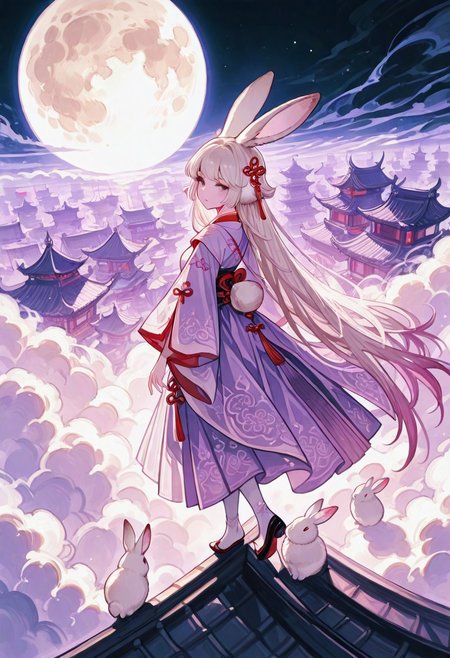 masterpiece, best quality, amazing quality, very aesthetic, absurdres, newest, A beautiful traditional Chinese woman gracefully stands on the clouds at the edge of the roof, Walking on the clouds, her elegant silhouette outlined against the dark night sky., She gazes up at the full, round moon that illuminates the heavens with a soft, ethereal glow. Her delicate hanfu, embroidered with intricate patterns, flow gently in the night breeze, catching the faint light of the moon. 
BREAK
Wererabbit, rabbit ears, fluffy, uncensord, droopy ears, from above,