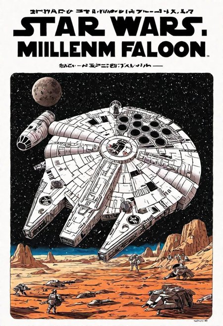 Japanese Manga book cover of star wars Millennium Falcon, book cover with text "Star Wars", Akira toriyama style , blank background , full colour, hand drawing