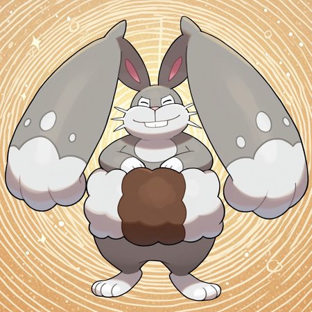 Diggersby, solo, pokemon (creature), rabbit, buck teeth, white sclera, gray body, fluffy, (brown and white fur), ((white muzzle, white neck)), multicolored fur, white hands, pink nose, white whiskers, huge ears, pink inner ears, three toes, three fingers, white feet, gray and white ears

BREAK smiling, standing, facing viewer, abstract background, ((sparkles))

BREAK best quality, amazing quality, very aesthetic, absurdres, newest, high quality
