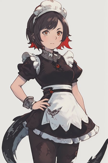 score_9, score_8_up, score_7_up, (masterpiece:1.4), (best quality:1.4), (Yoshida_Akihiko_PonyXL_style_v02.10.01:1.0), solo, 1girl, gray background, (chibi) ellenjoe, ellen joe, black hair, colored inner hair, multicolored hair, red eyes, red hair, short hair, two-tone hair, apron, black pantyhose, black shirt, black skirt, ear piercing, fins, fish tail, maid, maid apron, maid headdress, pantyhose, piercing, puffy short sleeves, puffy sleeves, shark girl, shark tail, shirt, short sleeves, skirt, tail, two-tone hair, wrist cuffs, stand, hands on hips, (Bravely Default Style), yoshida akihiko, serious face, (red eyes:1.5), <lora:pony\char\game\zzz\ellen-joe-ponyxl-lora-nochekaiser.safetensors>, <lora:pony\style\Yoshida_Akihiko_PonyXL_style_v02.10.01.safetensors>, <lora:styles\yoshida_akihiko_offset.safetensors>, <lora:styles\BravelyDefault.safetensors>, <checkpoint:[Pony] prefectPonyXL_v10.safetensors>, <checkpoint:[SD15] flat2DAnimerge_v45Sharp.safetensors>, <checkpoint:[SD15] Anime_Sketchink.safetensors>
