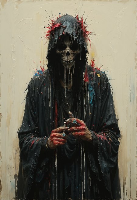 Cloaked figure with elongated, bony fingers, Dramatically lit, <lora:Melting_world:0.8>, <lora:gorgoeus_splash_of_vibrant_paint:0.7> Gorgeous splash of vibrant paint