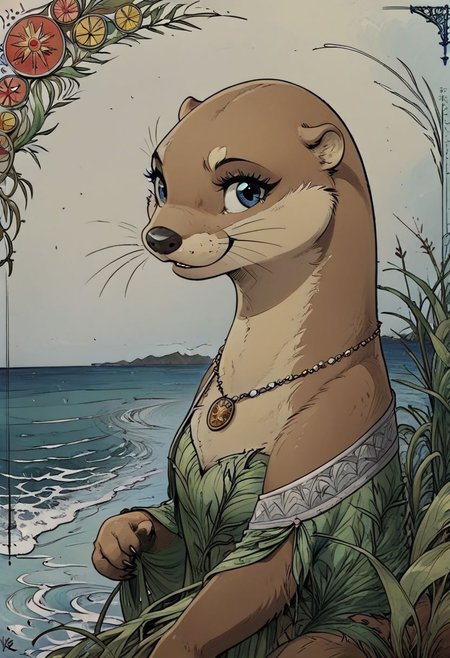 score_9, score_8_up, score_8, (solo), (fluffy), (feral), (wave, ocean, seaweed), furry, (((otter))), (slender), female, claws, (fluffy cheeks:0.4), (long ragged flowing seaweed dress), shell necklace, in the style of beatrix potter, fca style, cel-shading, nature, (portrait:1.5), (side view), (look at viewer), (art nouveau:1.5)