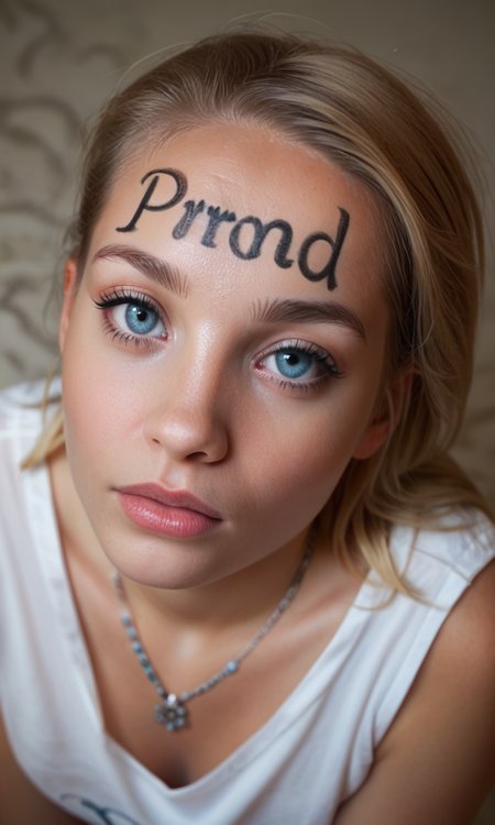 <lora:forehead writing_v1:0.8>forehead writing, 1girl, solo, ((the word "PG" on her forehead)), from above, face close up, blond hair, blue eyes,, score_9, score_8_up, score_7_up,
