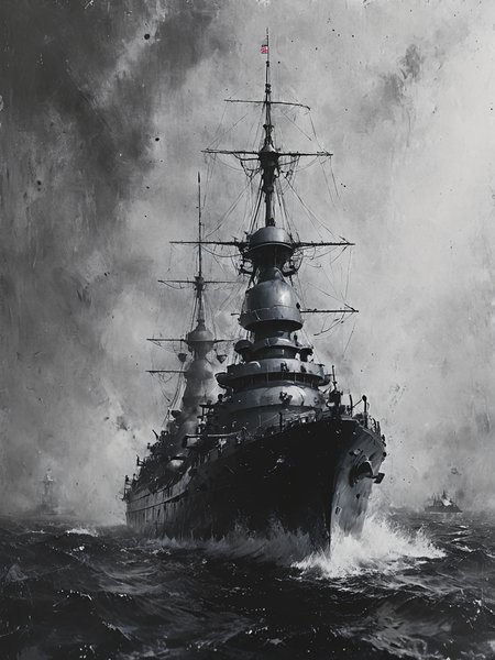 cruiser battleship sailing,  full of hidden details, realistic brushstrokes,  extreme angles, historical accuracy, colorful, textured, patterned,  highly detailed, vibrant colors , 8k, sharp, professional, clear, high contrast, high saturated, , vivid deep blacks, crystal,  <lora:Desolation:0.8>