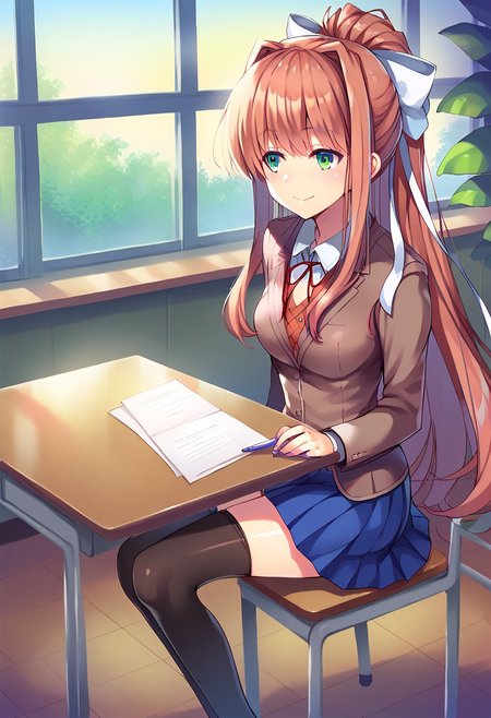 score_9, score_7_up, GEN, source_anime, (table: 1.5), ddlcmonika, <lora:ddlc-monika-ponyxl-lora-nochekaiser:1> ddlcmonika, blunt bangs, brown hair, green eyes, long hair, sidelocks, 
black thighhighs, blue skirt, brown jacket, jacket, long sleeves, mary janes, over-kneehighs, pleated skirt, school uniform, shoes, skirt, thighhighs, zettai ryouiki, blush, smile, pen, holding pen,
background, classroom, chair, sitting, sitting on chair, paper, looking away, looking at paper, solo