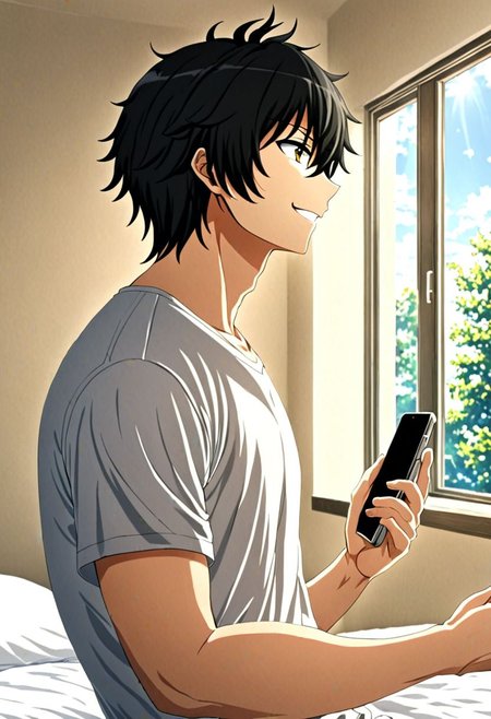 high resolution, solo, best quality, 1Boy, Seiya Kanie, black hair, short hair, holding smartphone, t-shirt, on the bed, sunny day, window, smile, side view, OverallDetail
