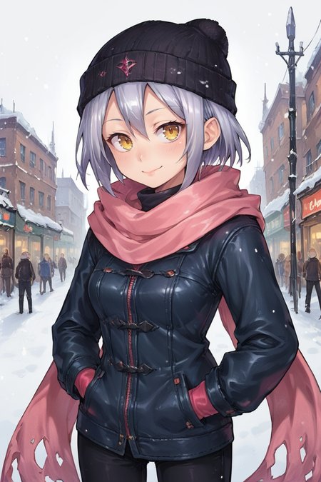 score_9, score_8_up, score_7_up, score_6_up, source_anime, BREAK, <lora:Zilva:0.65> , zildef, 1girl, short hair, grey hair, yellow eyes, scarf, pink scarf, black beanie, pink parka, black trousers, bodysuit under clothes, looking at viewer, standing, cowboy shot, smile, closed mouth, hands in pockets, exterior, city, winter, snow, shops, clutter, <lora:g4l4xyXLP:0.7> , g4l4xy, galaxy, <lora:zy_Detailed_Backgrounds_v1:0.6> , detailed background, highly detailed,