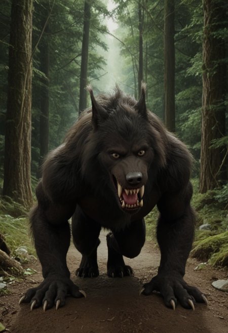 score 9, score 8, score 7, score 6, 1boy, furry male, solo, black fur, animal ears, yellow eyes, sharp teeth, claws, werewolf on down on all paws with tail in the air, (wagging tail, trying to look friendly), forest