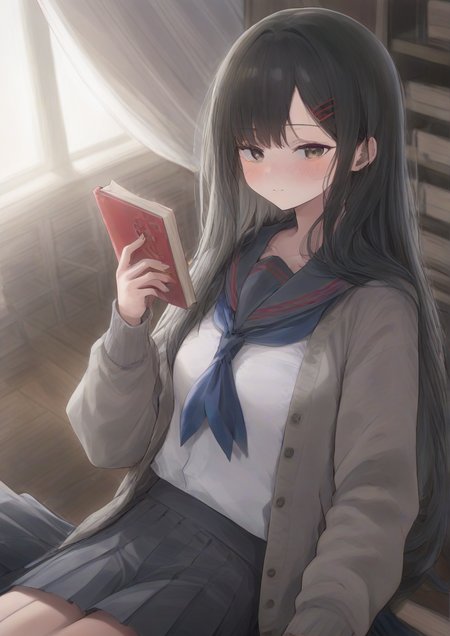 1girl,black hair, blue neckerchief, book, brown eyes, cardigan, closed mouth, grey cardigan, grey skirt, holding, holding book, indoors, long hair, long sleeves, looking at viewer, neckerchief, nose blush, on floor, open book, open cardigan, open clothes, pleated skirt, sailor collar, school uniform, serafuku, shirt, sitting, skirt, sleeves past wrists, solo, white sailor collar, white shirt <lora:blance:1>