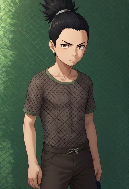 score_9, score_8_up, score_7_up, highly detailed, cute boy, 1boy, solo, young, Shikamaru_Nara, Brown Eyes, Black Hair, Ponytail, Earrings, Fishnet Shirt, Brown Pants,