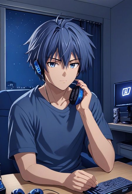 high resolution, solo, best quality, 1Boy, Tomoya Okazaki, Grey Blue Hair, gamer, bedroom, night, pc, sit, headset, portraits, OverallDetail