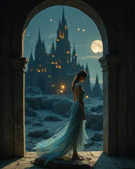 <lora:Dark_Fantasy_Anime-000021.safetensors:1> In a dimly lit setting, perched on a weathered wooden floor, delicate form contrasting against the somber backdrop of an intricate miniature. The overall atmosphere is one of whimsy and innocence, evoking a sense of fantastical storytelling.
The description depicts an ethereal woman standing barefoot on a rock, clad in a shimmering blue and gold dress that appears woven from moonbeams. Behind her rises a towering palace with golden accents, set against the backdrop of a full moon and stars. The perspective is high-angle, capturing the grandeur of the scene while soft light and pastel tones enhance the dreamlike quality.