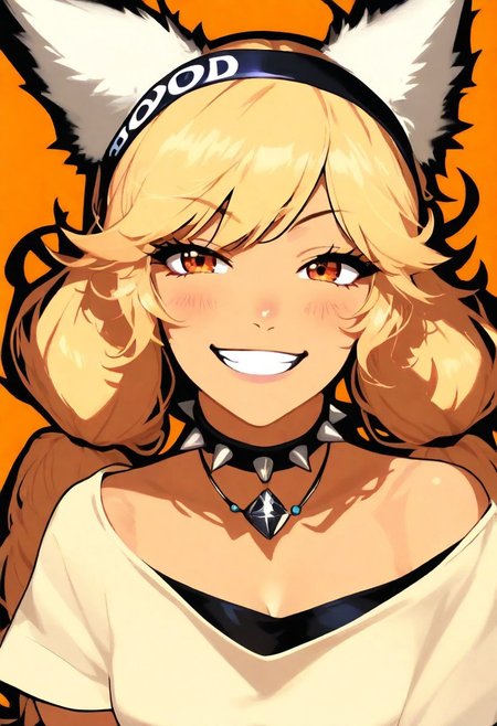 ( colored illustration with a bold black outline :1.8),Young woman, light blonde hair, pigtails, cat ears headband, vivid yellow, mischievous grin, light blush, whitish-cream colored, simple crew neck t-shirt, exposed shoulders, cleavage, small breasts, black spiked choker necklace, reddish-orange pendant, posed casually, reddish-orange background,  vibrant, detailed, close-up perspective, soft lighting, digital painting,