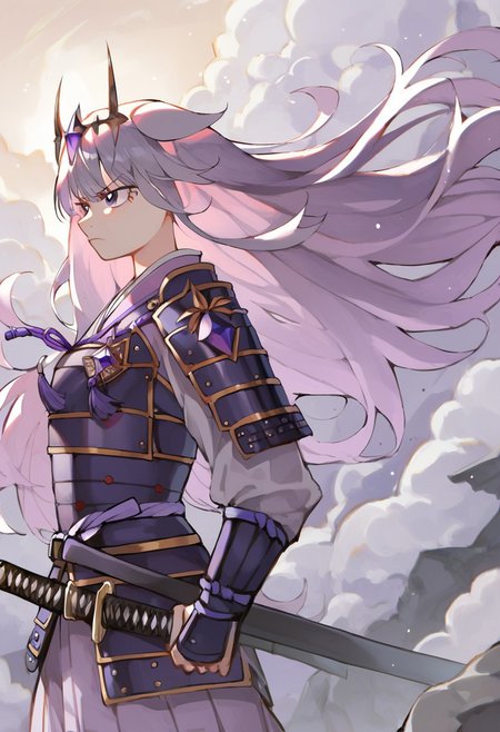score_9, score_8_up, score_7_up, hadrian, source_anime, 1girl, boulders in back ground, stones, pepples, <lora:ChamKosekiBijouPonyXL:0.8> KosekiBijou, long hair, hair flaps, floating headpiece,  <lora:samurai_armor_pony:1.1> samurai, purple clothes, holding katana, serious