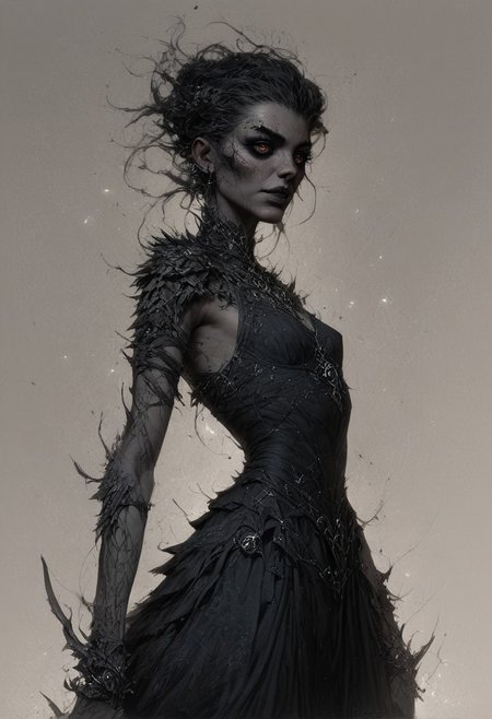 score_9, score_8_up, score_7_up, score_6_up, beautiful female, concept art, realistic,
Illustration of a cute goth girl, long black neckholder dress with deep neckline, small breasts, (freckles:0.0) strong face, fantasy, detailed eyes, dark eyes, 
cowboy shot,