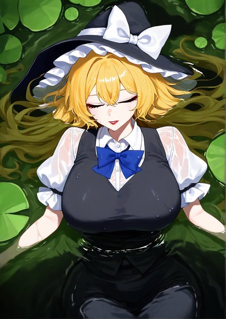 <lora:ã¬ã®ãã³drawgarbage:1>,1girl, kirisame marisa, huge breasts, wide hips, touhou, afloat, black headwear, black skirt, black vest, blonde hair, blue bow, blue bowtie, bow, bowtie, closed eyes, facing viewer, floating hair, frilled hat, frills, hat, hat bow, lily pad, parted lips, puffy short sleeves, puffy sleeves, red lips, short sleeves, skirt, solo, vest, water, wet, wet clothes, wet hair, white bow, 
animated, dynamic angle,very awa, masterpiece, best quality, highres, absurdes,amazing quality,very aesthetic,intricate details,detailed background, <lora:hand 5.5:1>