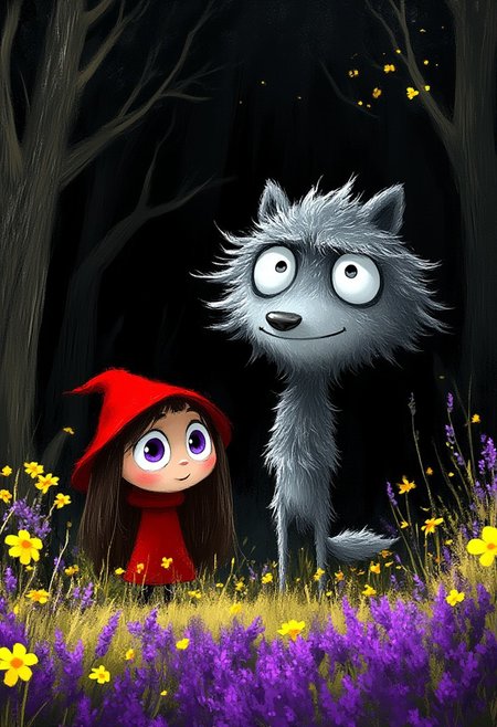 A whimsical illustration of Little Red Riding Hood with an enormous hooded head beside a thin wolf with a gigantic snout in dark whimsical art style, standing in a meadow with purple lavender and yellow daffodils, digital painting with dynamic brushstrokes showing flowing red cape and bristly wolf fur, dark twisted forest background, characteristic Tim Burton inspired design with Red's dinner-plate sized violet eyes contrasting the wolf's gleaming silver predatory stare