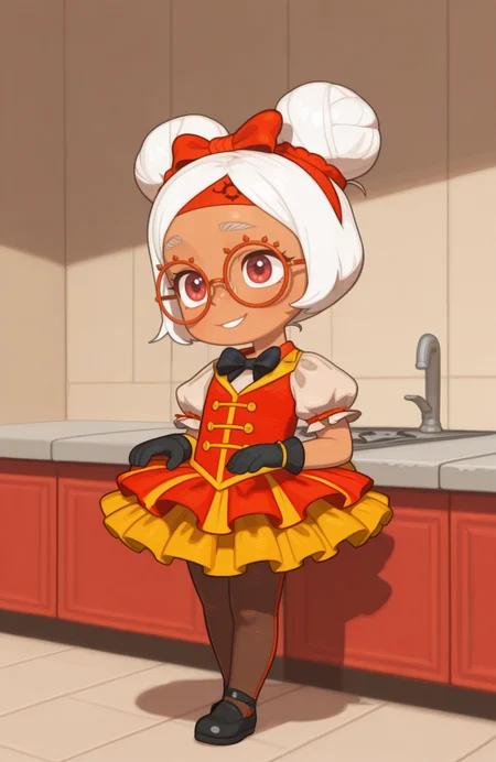<lora:anatomy_helper:0.8> 1girl, solo, full body, <lora:PossumMachine_v2:0.9> possmach,
<lora:LilPurah-IL:0.8> prhmini, red eyes, red-framed eyewear, red-framed eyewear, dark-skinned female, white hair, double bun, chibi, circus costume, layered tutu, pantyhose, bow tie, gloves, headband,
 cliff, sits atop a kitchen counter, swinging their legs playfully, with a bright smile and a carefree attitude, extremely detailed, highres, masterpiece, best quality