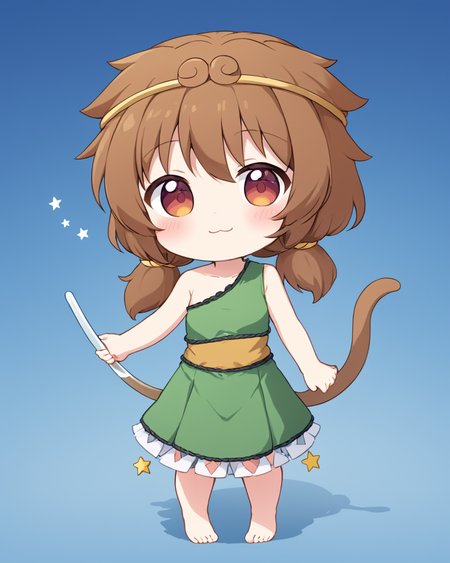 son biten,1girl, solo, barefoot, full_body, tongue_out, multicolored_dress, blush, holding, smile, signature, closed_mouth, looking_at_viewer, skirt, bare_shoulders, standing, rope, chibi, sleeveless, headpiece, tail
<lora:son_biten_image350_2023-12-20-000025:1>,star-shaped_pupils,symbol-shaped_pupils,. gorgeous,key visual, vibrant, studio anime,award-winning, professional, highly detailed,high budget, cinemascope