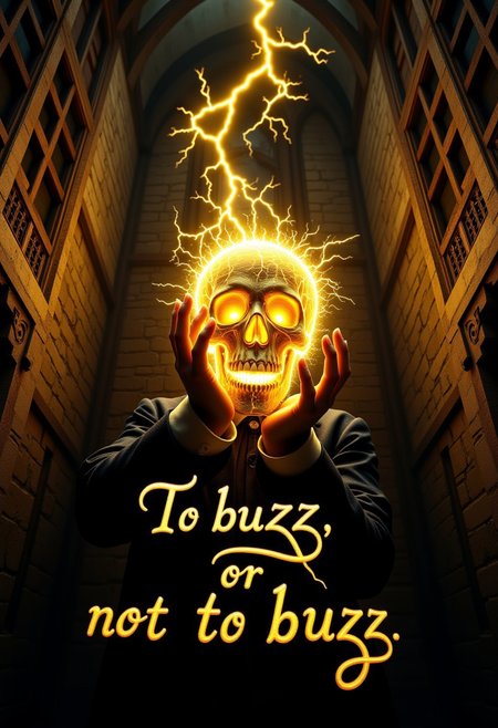 A humorous and surreal depiction of Shakespeare's famous scene, featuring a dramatic figure in classic Shakespearean attire holding a skull made of crackling yellow lightning. The electrified skull glows with vibrant golden energy, casting warm light across the scene. The background is the dimly lit interior of an old Victorian tower, with tall arched windows, aged wooden beams, and intricate stonework. The soft light from the skull reflects off the rich textures of the aged interior, creating a dramatic and mysterious ambiance. At the bottom of the image, the phrase 'To buzz, or not to buzz' is elegantly written in an old handwritten style, blending whimsy with a timeless Gothic aesthetic.