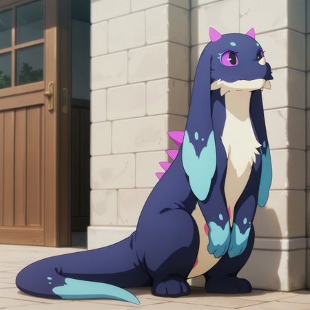 masterpiece, best quality, amazing quality,Feirunespdril, feral, female, earth wyrm, white nose horn, two-tone fur, dark blue fur, light blue fur, long ears, pink horns, purple sclera, black eyes, standing, outside, full body,