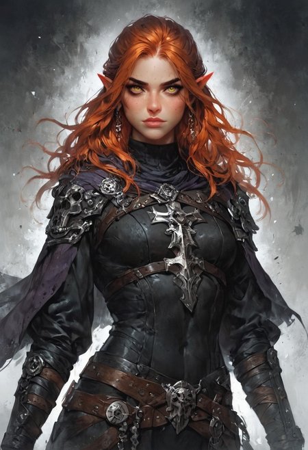 score_9, score_8_up, score_7_up, woman, simple background, dark background, yellow eyes, gorgeous, elf, rogue outfit, black pagan outfit, pale skin, solo, black religious robes, pagan mystic jewelry, black iron crown, pagan ornaments, violet cloak, standing up straight, calm face, runic tattoos, ginger hair, closed mouth, cowboy shot, looking at viewer
