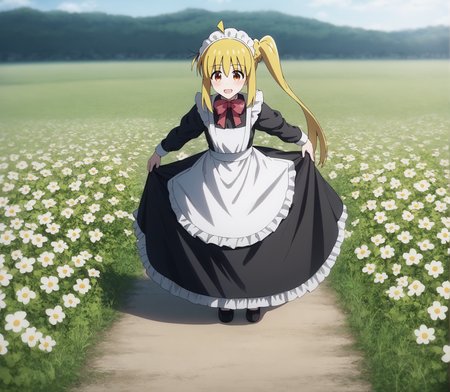 score_9, score_8_up, score_7_up, highres, hi res, best quality, masterpiece, 2d, intricate details, 4k, anime coloring, shadow, uncensored,
1girl, solo, female, :3, long hair, blonde hair, red eyes, ahoge, sidelocks, side ponytail, detached ahoge,
maid headdress, maid, maid apron, long sleeves, black dress, frills, frilled dress, frilled skirt, frilled sleeves, long dress, 
cowboy shot, three-quarter portrait, facing viewer, front view, standing, 
flower field, outdoors, grass, on grass, depth of field, motion blur, <lora:Nijika_Ijichi_1024_Pony:1>, ijichi nijika, bocchi the rock!,