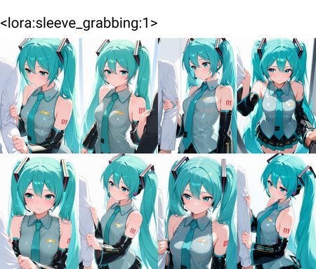 masterpiece, high quality, absurdres, 1girl, hatsune miku, sleeve grab, grabbing another's sleeve,  <lora:sleeve_grabbing:1>