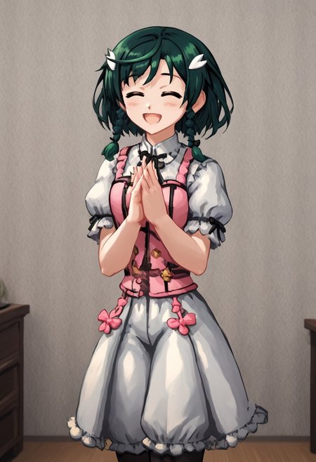score_4,score_5,score_6,score_7_up,score_8_up,score_9
((masterpiece,best quality,ultra detailed,highres,HD,4k:1.2)),
1 cute girl,
upper body,1girl, solo, medium hair, dark green hair, braids, two braids, yellow eyes,  pink top, ribbon on clothes,white pants skirt, pantyhose, black footwear, boots, white shirt, short sleeves, puffy sleeves, hair ornament,
room, living room, open mouth,closed eyes, blush, happy, smile, put your hands together,