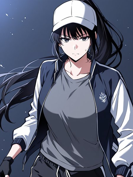 <lora:Omniscient_Readers_Viewpoint__Lee_Jihye:1>
1girl, solo, long hair, black hair, tied hair, high ponytail, black eyes, messy bangs, 
white baseball cap, white and navy jacket, gray t-shirt, black track pants, white stripe pants, black fingerless gloves, white sneakers, sporty outfit,
score_9, score_8_up, score_7_up, score_6_up, source_anime, rating_explicit, masterpiece, best quality, intricate details, gothic fantasy, upper body portrait, dramatic pose, confident gaze, cinematic lighting, clean background, glowing magical particles, detailed face, vibrant colors