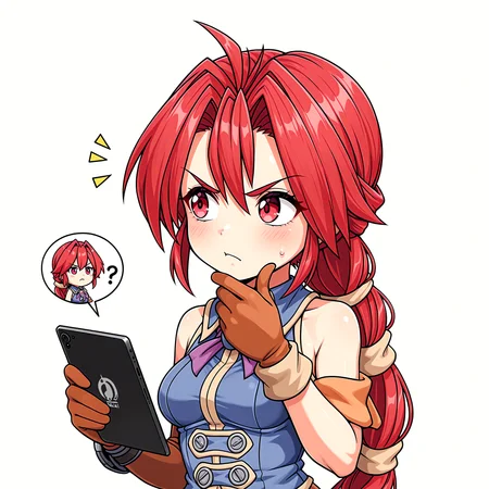 1girl, looking at the screen, looking away, holding an i pad, tablet,  bothered look, gloves, hand on chin, questioning tone, one eye squint, triggered, angry, emojii, chibi, meme, color, simple background, monica Raybrandt, white background,best quality, highres, absurdres, masterpiece, high details, high quality, incredibily absurdres