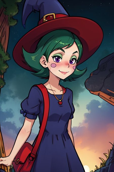 Maple, short green hair, purple dress, blush stickers, witch hat, red bag, 
standing, upper body,  solo,   smile,  
night, fantasy,  
(insanely detailed, beautiful detailed face, masterpiece, best quality)  <lora:Maple:0.7>