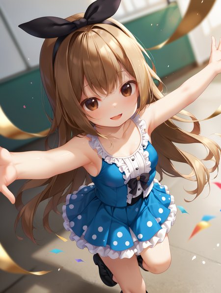 1girl, 
dynamic angle, depth of field, solo, breasts, blurry foreground, boots, outstretched arms, blurry background, frills, standing on one leg, long hair, brown hair, small breasts, blush, black hairband, spread arms, black footwear, sleeveless, sleeveless shirt, armpits, blue skirt, white shirt, :d, bare shoulders, shirt, skirt, standing, very long hair, frilled skirt, brown eyes, smile, pleated skirt, open mouth, hairband, collarbone, looking at viewer, bare arms,
A young girl with long blonde hair and a black bow on her head. she is wearing a blue dress with white polka dots and black boots. the girl has a big smile on her face and her arms are stretched out to the sides. the background is filled with colorful confetti and streamers, creating a festive atmosphere. the overall mood of the image is cheerful and playful.
score_9, score_8_up, score_7_up, source_anime
 <lora:style017:0.8>