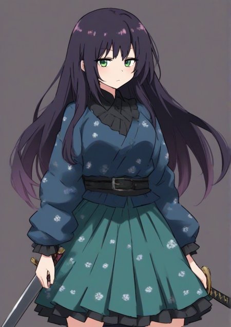 zPDXL3,1girl, yamabuki (flower knight girl), furry female, black hair, expressionless, floral print, frills, green eyes, green skirt, holding, holding sword, holding weapon, left-handed, long hair, monster, print skirt, scabbard, shawl, sheath, skirt, solo, sword, unsheathed, weapon <lora:ãã®ãsinori0506:1>