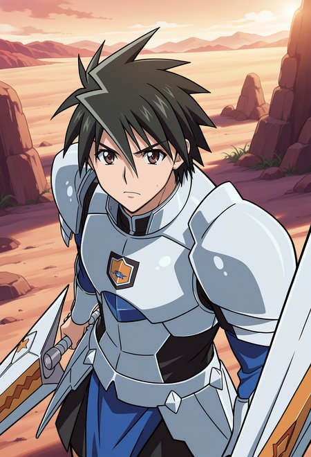 masterpiece, best quality, high quality, anime, solo, 
 <lora:AEKazuki_1:1> 
AEKazukiDef, brown eyes, black hair, hair between eyes, spiked hair, shining armor, holding lance, huge weapon,