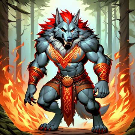 (((solo))), (((male werewolf anthro))), furry, ((gray fur, light gray belly, red highlights)), very tall, neck fur, jackal ears, tall ears, canine muzzle, gold earrings,  Muscular, dad bod, forest, thick hips, long fangs, dark brown eyes, digitigrade legs, shaggy fur, scruffy, sharp teeth, runes on chest, runes on arms, runes on muzzle,
howling, snarling, Loin cloth(brown), leather harnes, (((hands covered in fire))), fire aura, flaming hammer, ears back, 
masterpiece, best quality, intricate counter shaded texture, soft lighting, (((smooth 2))), 8k, shading, (Detailed: eyes, pupils, lips, fur), detailed fur, body fur, detailed eye, realistic eye, perfect hand, clawed hands, (((perfect claws))), score_8_up, score_9, view from above,