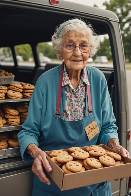 a beautiful high definition crisp portrait of old lady selling cookies from a truck in a suburban area,taken with a professional grade camera with exquisite color grading