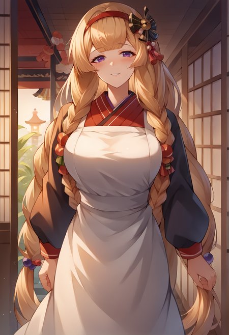 score_9, score_7_up, hd, (ultra hd quality details), source_anime, indoors,
solo, 1girl, gbfathena, very long hair, purple eyes, twin braids, large breasts,
athny, red hairband, hair ornament, white apron, kimono, long sleeves,
looking at viewer, blush, smile,
standing,
<lora:_athena_gbf-elesico-ponyE:1>